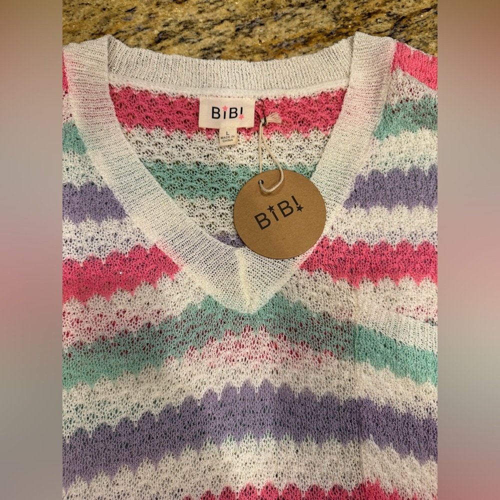 NWT Bibi White/Multicolor Striped Short Sleeve Sweater Women's Size L Oversized - Picture 4 of 8